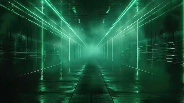 Futuristic neon tunnel with green laser light abstract dark concrete room background Theme of warehouse modern hall garage interior technology