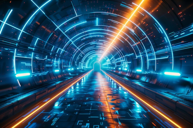 Futuristic Neon Tunnel with Vibrant Blue and Red Lights