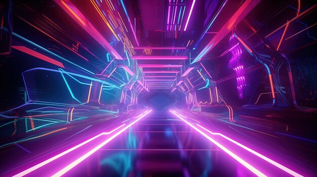 Futuristic neon tunnel with vibrant colored lights