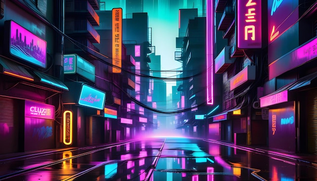 Foto strada cittadina futuristica illuminata al neon con cartelli luminosi e riflessi sulla superficie bagnata concetto urbano cyberpunk