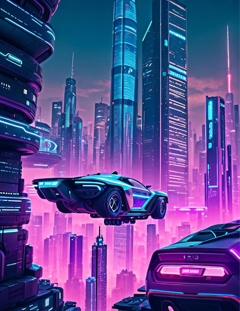 ネオンの光で照らされた未来的な都市風景で,高層ビルと飛ぶ車が描かれています.