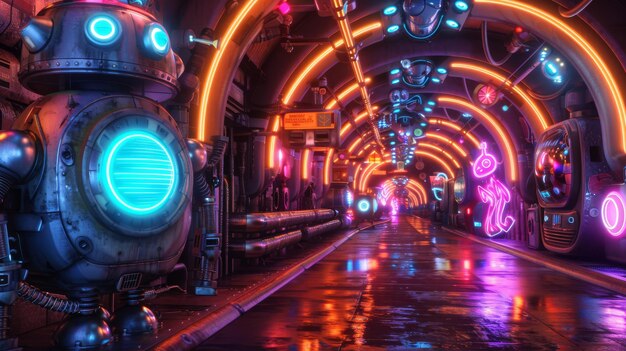 Futuristic neonlit corridor with robots and advanced technology ambiance