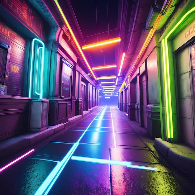 Futuristic Neonlit Gaming Scene 3D Surreal Photorealistic Illustration