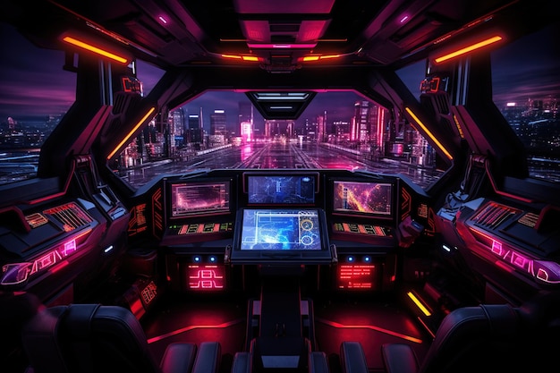 Futuristic neonlit spaceship dashboard