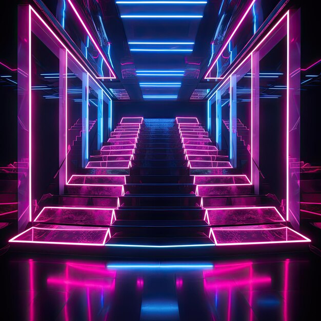 Futuristic NeonLit Stairs in a Nightclub