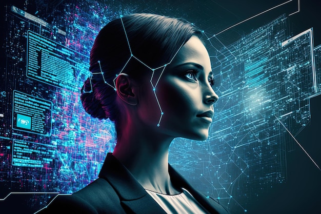 Futuristic networking technology remix with woman using virtual screen