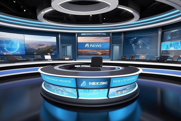 Photo futuristic news studio with a 3d virtual news desk featuring embedded touchscreens for interactive reporting