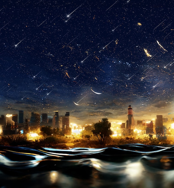 미래의 밤 도시는 극적인 별이 빛나는 푸른 하늘 아래 흐릿한 빛 별이 우주 성운에 떨어집니다