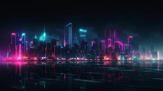 A futuristic night city in the distance glowing AI generated illustration