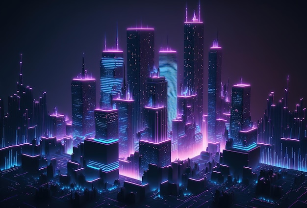 A futuristic night city in the distance glowing with neon light Surrealistic skyscrapers Cyberpunk immersive world of the metaverse 3D rendering AI generated