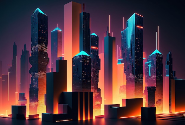 A futuristic night city in the distance glowing with neon light Surrealistic skyscrapers Cyberpunk immersive world of the metaverse 3D rendering AI generated