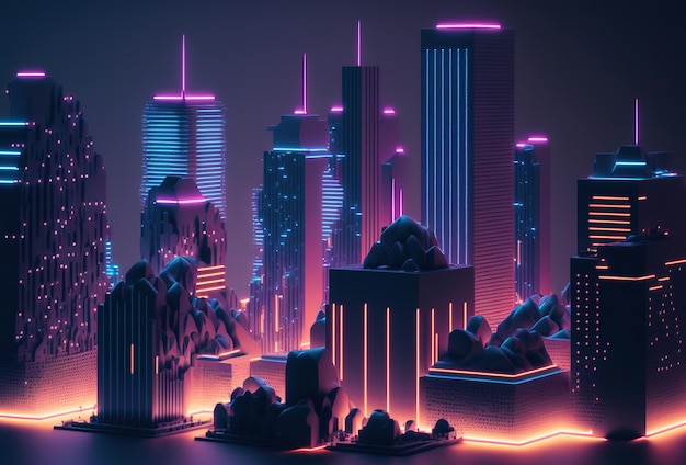 A futuristic night city in the distance glowing with neon light Surrealistic skyscrapers Cyberpunk immersive world of the metaverse 3D rendering AI generated