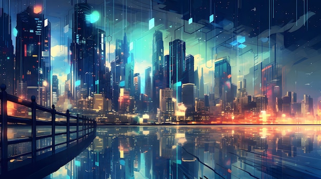 A futuristic night city in the distance glowing with neon light Surrealistic skyscrapers Cyberpunk immersive world of the metaverse 3D rendering
