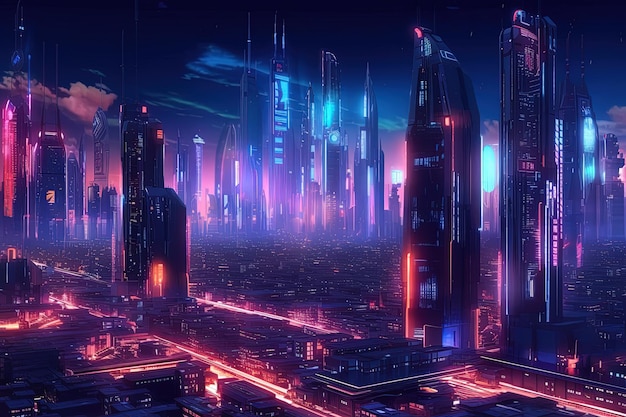 A futuristic night city in the distance glowing with neon light Surrealistic skyscrapers Cyberpunk immersive world of the metaverse Generative AI