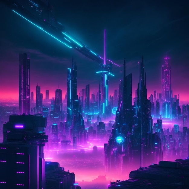 futuristic night city in the distance glowing with neon light