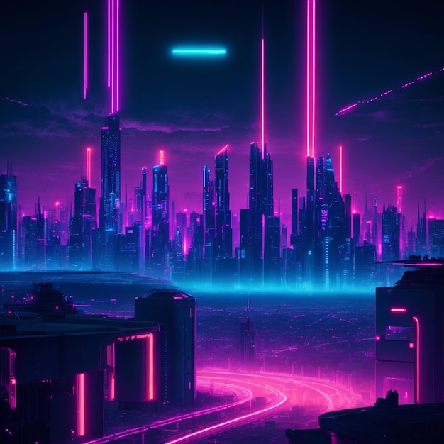 futuristic night city in the distance glowing with neon light
