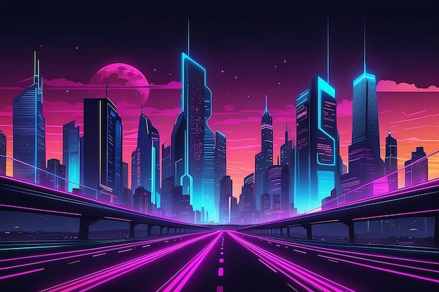 Futuristic night cityscape on a neon skyline background with glowing neon light Highway perspective view Cyberpunk and retro wave style vector illustration