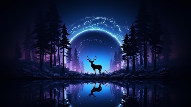 Futuristic night landscape with abstract forest landscape Dark natural forest scene with reflection