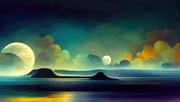 Futuristic night landscape with abstract landscape and island