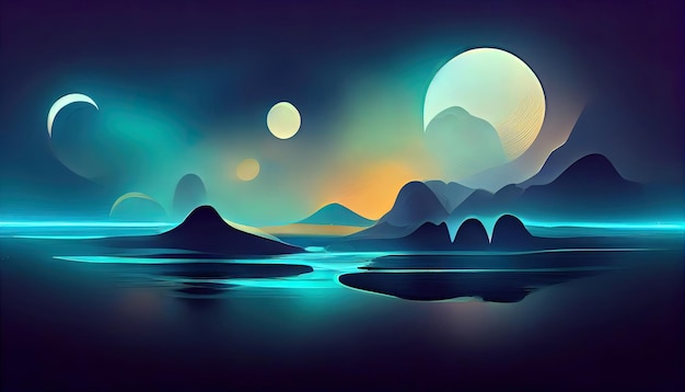 Futuristic night landscape with abstract landscape and island