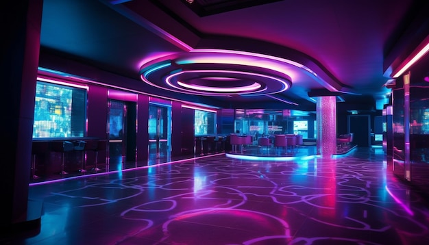 Futuristic nightclub illuminates vibrant colors with fluorescent lights generated by AI