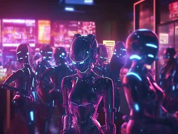 Futuristic nightclub scene with neon lights