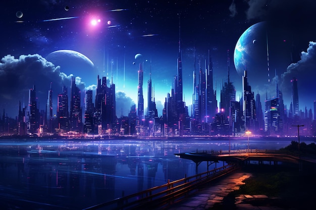 An Futuristic Nighttime City Skyline in the Future