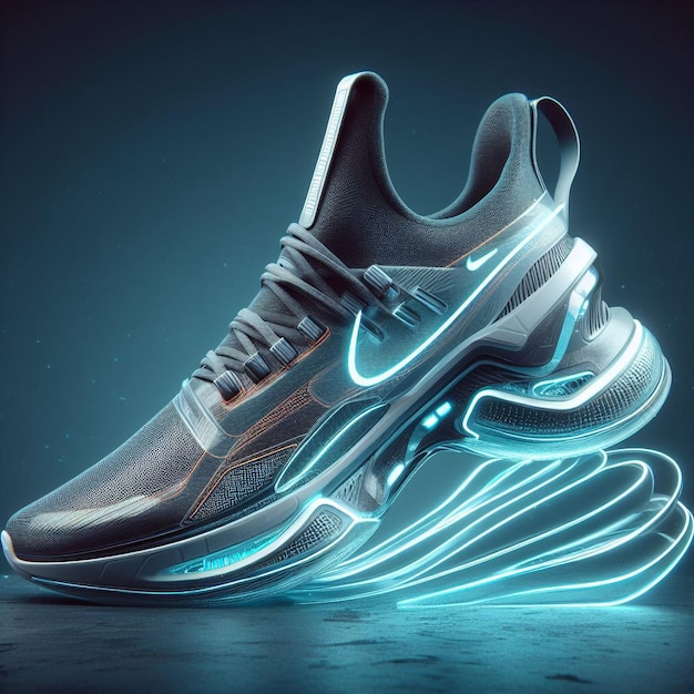 Futuristic Nike sneaker in digital art 3D render Neon lights and glowing elements evoke a sense