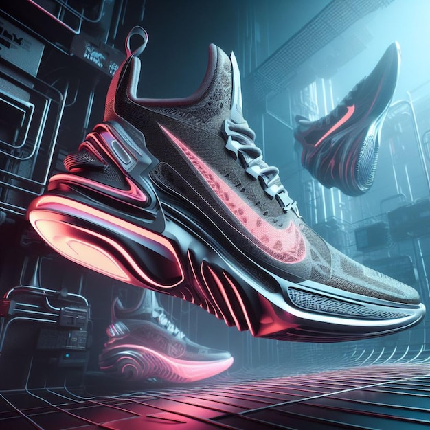 Futuristic nike sneaker in digital art 3d render neon lights and glowing elements evoke a sense