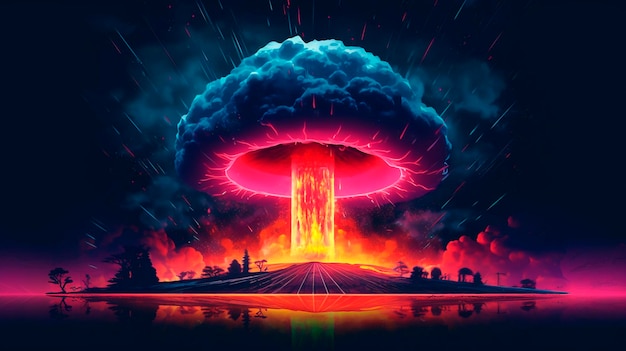 Futuristic nuclear explosion future war neon colors dark background created Generative AI