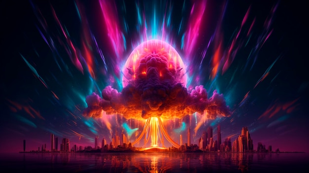 Futuristic nuclear explosion future war neon colors dark background created Generative AI