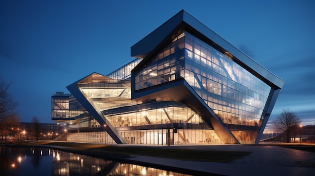 futuristic office building with steel and glass illuminated