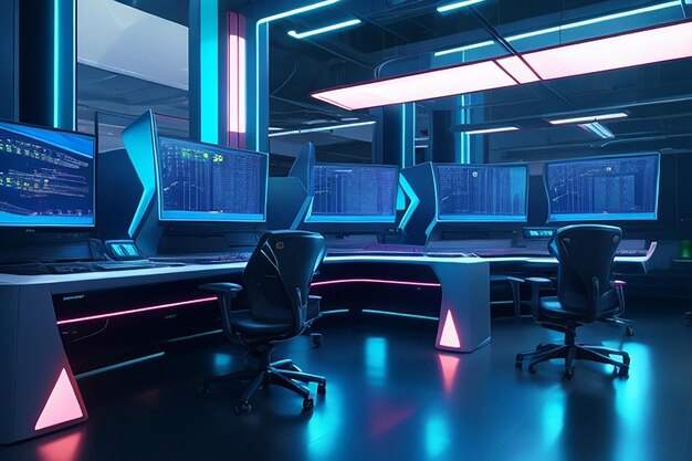 Futuristic office design with modern computer equipment