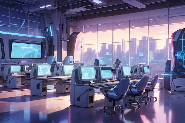 最新のコンピューター機器を備えた未来的なオフィス デザイン