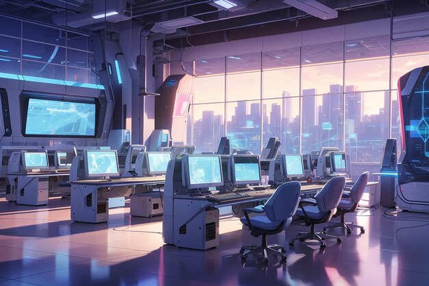 Futuristic office design with modern computer equipment