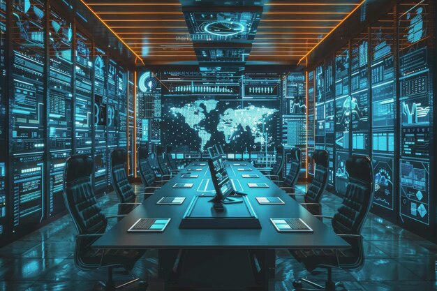 A futuristic office has a meeting where a laptop displays a holographic projection of data