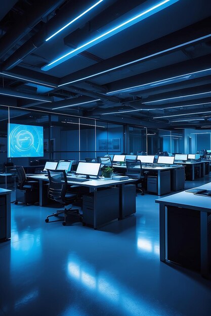 Futuristic office illuminated by blue lighting equipment at night