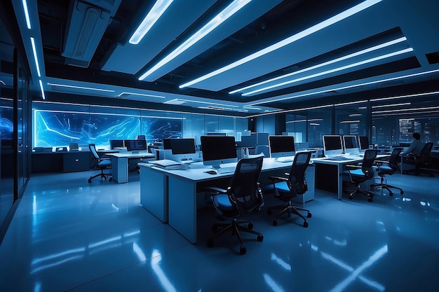 Futuristic office illuminated by blue lighting equipment at night