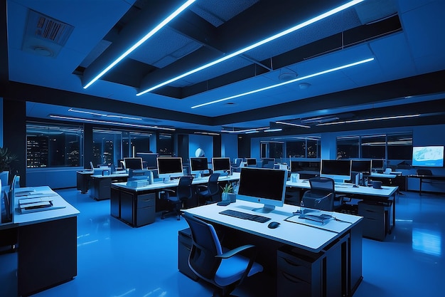 Futuristic office illuminated by blue lighting equipment at night