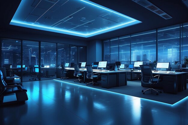 Futuristic office illuminated by blue lighting equipment at night