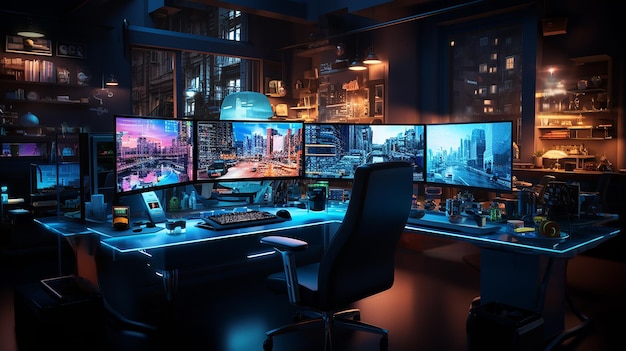 Futuristic Office Illuminated by Blue Lighting Equipment