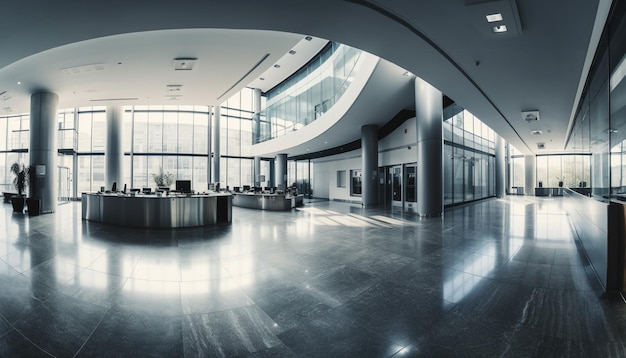 The futuristic office lobby boasts clean modern architecture and steel generated by AI