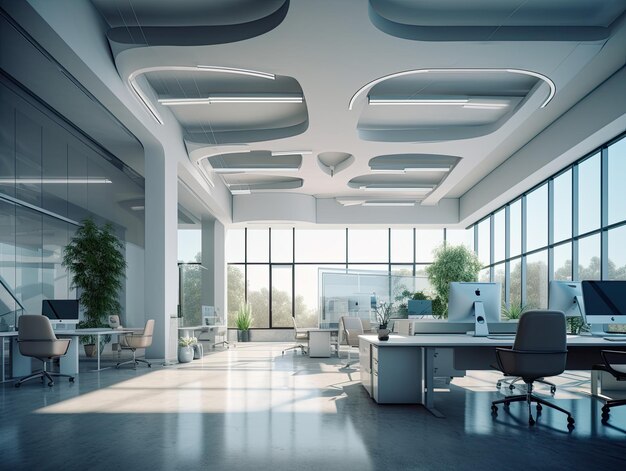 a futuristic office space with sleek and minimalistic design elements