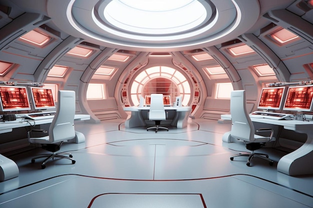 a futuristic office with computers and desks