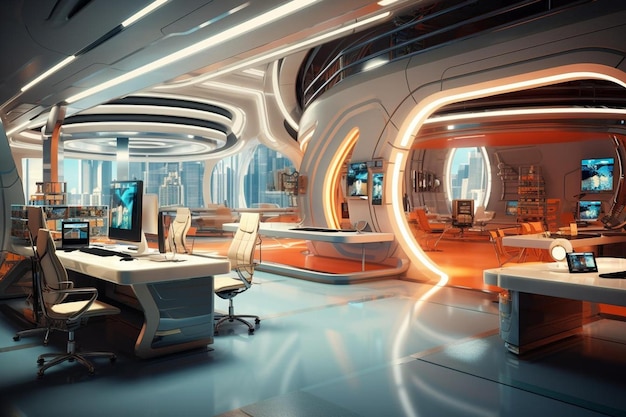 Foto un ufficio futuristico con scrivanie e computer