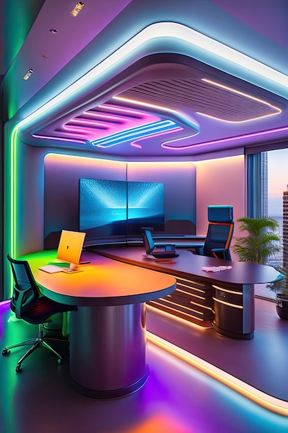 ネオン照明のある未来的なオフィス