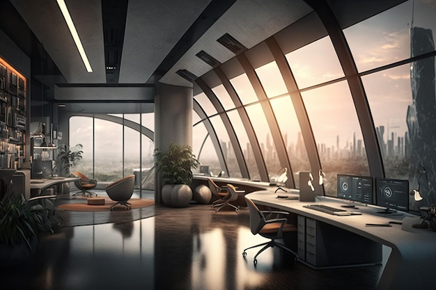 A futuristic office with open floor plans and team collaboration areas including large windows with views of the city