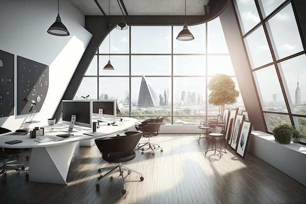 A futuristic office with open floor plans and team collaboration areas including large windows with views of the city