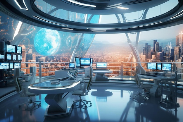 A futuristic office with a view of a city