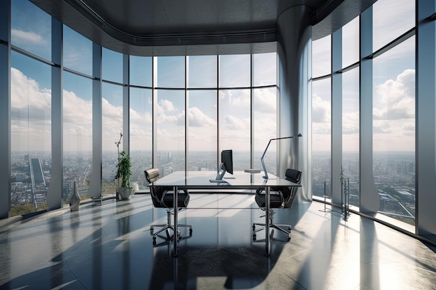 A futuristic office with walls of windows showcasing a stunning view created with generative ai